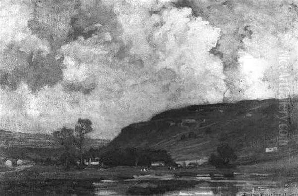 A Watermeadow With A Farmstead And Cattle In A Valley Oil Painting by Bertram Walter Priestman