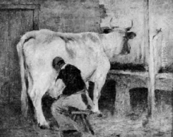Barn Interior With A Man Milking A Cow Oil Painting by Bertram Walter Priestman