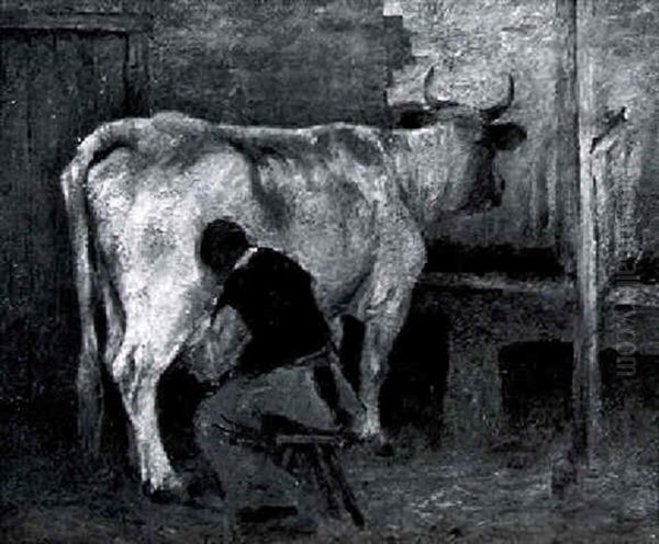 Peasant Milking A Cow In A Stable Oil Painting by Bertram Walter Priestman