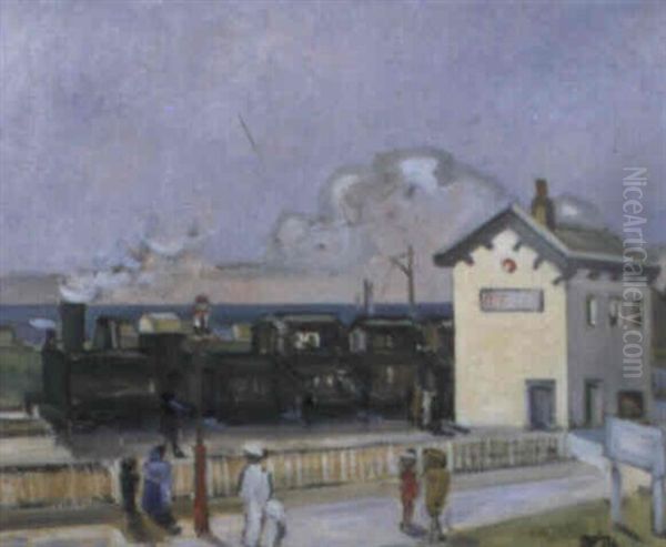The Railway Station, Bernieres-sur-mer Oil Painting by Bertram Walter Priestman