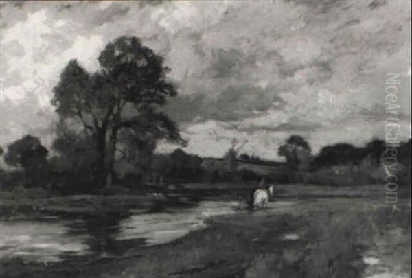 A River Landscape With A White Horse Oil Painting by Bertram Walter Priestman