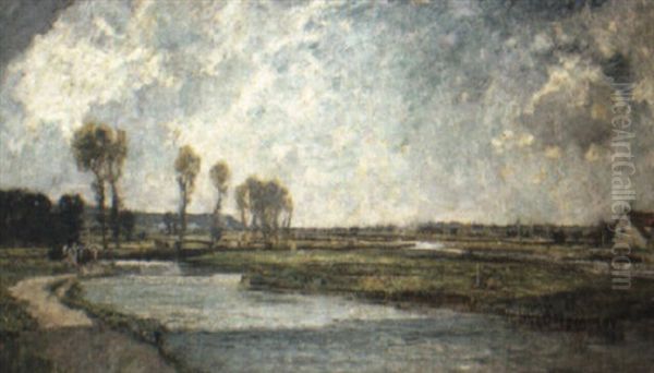 River Landscape, Horses On A Towpath Beyond Oil Painting by Bertram Walter Priestman