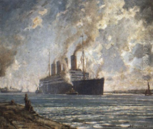 The Aquitania Coming Up Southampton Water Oil Painting by Bertram Walter Priestman