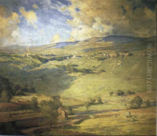 Extensive Rolling Landscape With Farmstead, Church And Haymakers Oil Painting by Bertram Walter Priestman