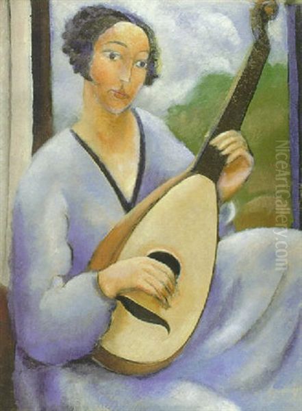 Femme A La Mandoline Oil Painting by Andre Julien Prina