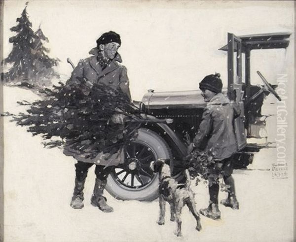 Father And Son Gathering Christmas Tree Into Waiting Car (dodge) Oil Painting by William Meade Prince