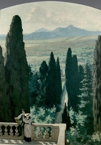 Les Cypres A Tivoli Oil Painting by Rene Xavier Francois Prinet