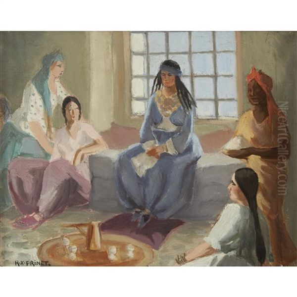 Women In Interior Having Coffee Oil Painting by Rene Xavier Francois Prinet
