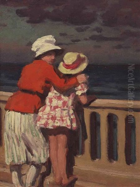 Woman And Child At The Seaside; Figures On A Beach (2 Works) Oil Painting by Rene Xavier Francois Prinet