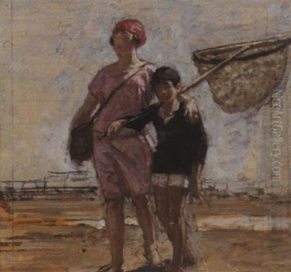 La Pecheuse De Crevettes A Cabourg Oil Painting by Rene Xavier Francois Prinet