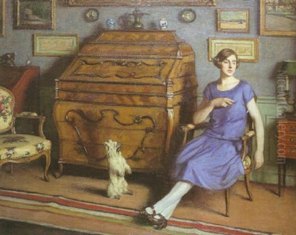 La Jeune Fille Au Chien (dans Le Salon De La Rue Du Broccador, Residence Des Prinet) Oil Painting by Rene Xavier Francois Prinet