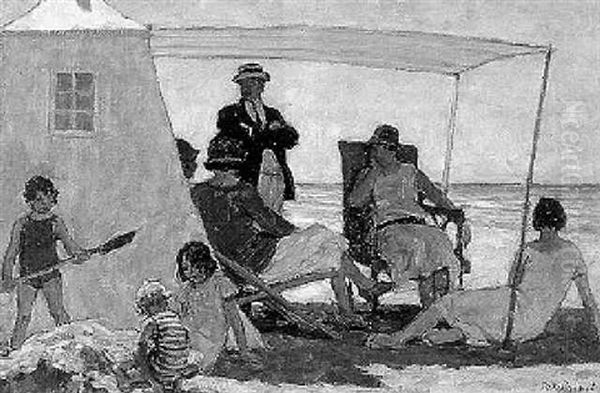 Gesellschaft Am Strand, Am Rande Des Atlantischen Ozeans Oil Painting by Rene Xavier Francois Prinet