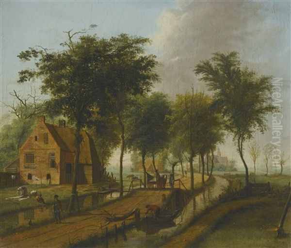 Landscape With A Brick House And A Horsecart Alongside A Canal Oil Painting by Johannes Huibert Prins