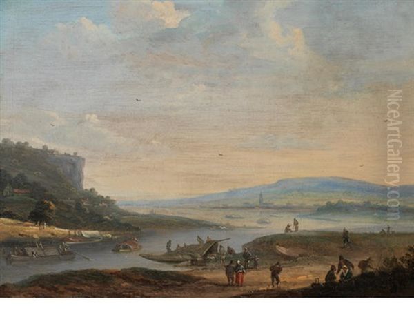 A Coastal Inlet With Figures Loading Barges, A Town In The Distance Oil Painting by Johannes Huibert Prins