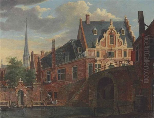 A Canal View With A Church In The Distance Oil Painting by Johannes Huibert Prins