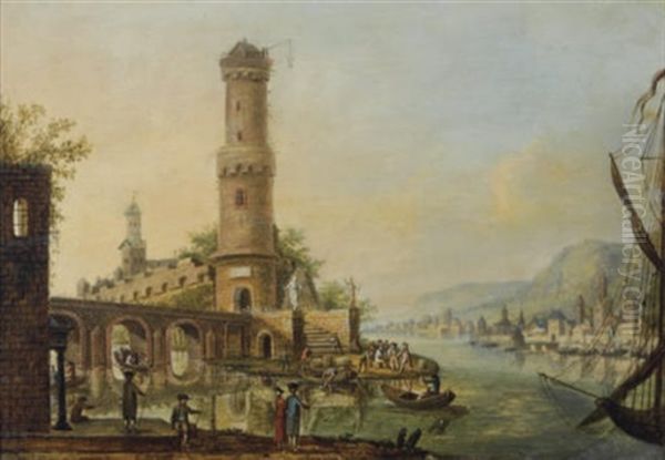 A Capriccio Of The Rhine With Elegant Figures On The Banks, Figures Unloading Fishing Boats Beyond Oil Painting by Johannes Huibert Prins