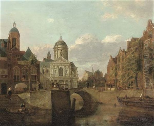 A Capriccio Townscape With Houses And A Baroque Church On A Canal Oil Painting by Johannes Huibert Prins