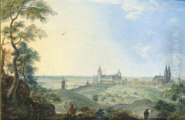 A Panoramic View Of Cleves With Monks And A Traveller On A Track In The Foreground Oil Painting by Johannes Huibert Prins