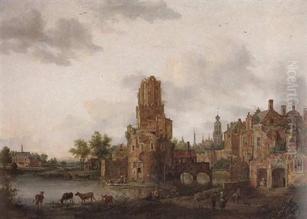 A Capriccio View Of A Dutch Town Oil Painting by Johannes Huibert Prins