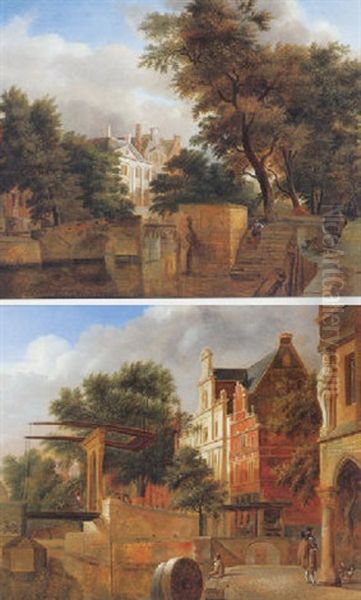 Stadsgezicht Met Huizen Aan Een Gracht Oil Painting by Johannes Huibert Prins