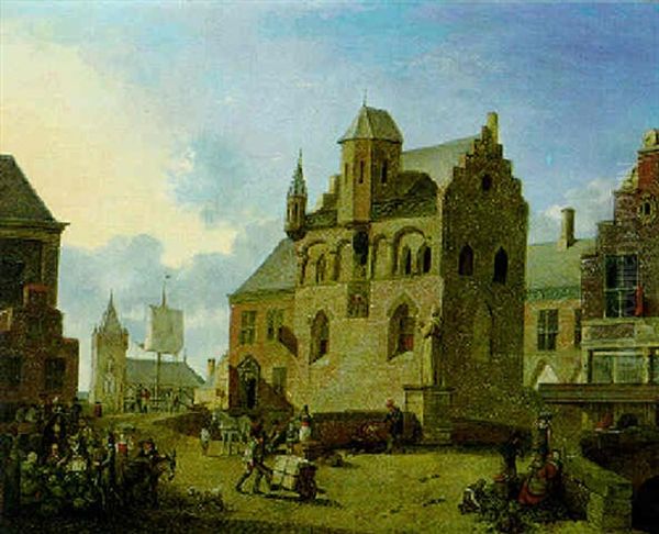 Marktplatz In Einer Hollandischen Stadt Oil Painting by Johannes Huibert Prins