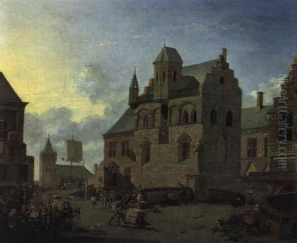 Belebter Marktplatz In Einer Hollandischen Stadt Oil Painting by Johannes Huibert Prins