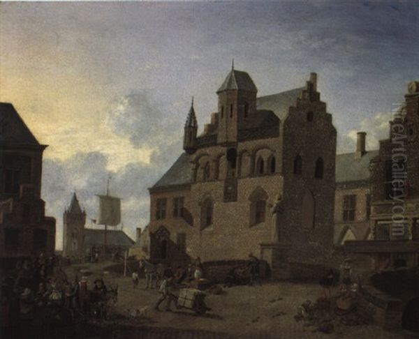 Capriccio Of A Dutch Town With A Vegetable Stall And Townsfolk Oil Painting by Johannes Huibert Prins
