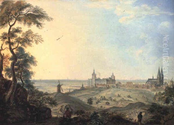 Panoramic View Of Cleves With A Horseman And Monks Oil Painting by Johannes Huibert Prins