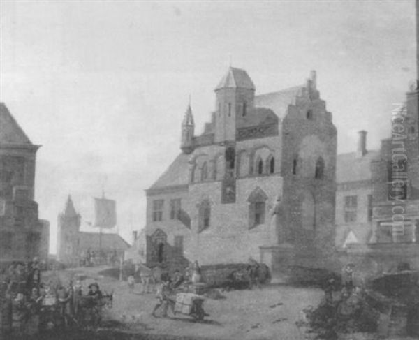 A Town Square Oil Painting by Johannes Huibert Prins