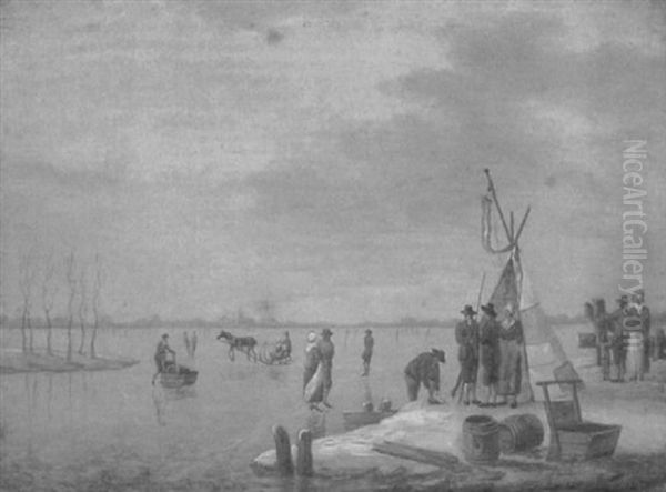 A Dutch Frozen River Landscape With Figures Skating Oil Painting by Johannes Huibert Prins