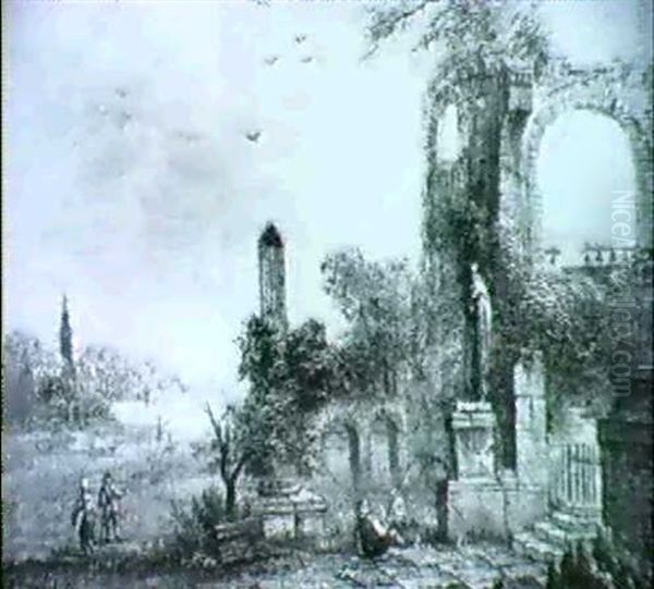 Figures Beside Classical Ruins Oil Painting by Johannes Huibert Prins