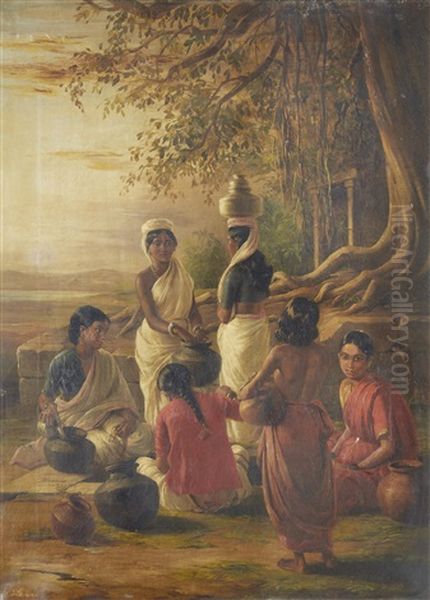 A Group Of Indian Women Gathered Beneath The Shade Of A Tree Oil Painting by William Prinsep