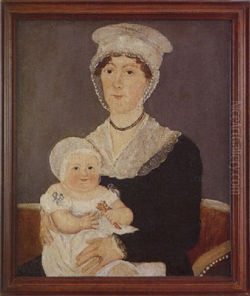 Portrait Of A Mother And Child Seated On A Sofa, The Child Holding A Rattle Oil Painting by William Matthew Prior