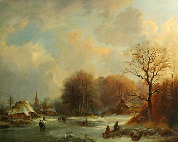 A Winter Landscape With Figures Skating On A Frozen River Oil Painting by Edward F. D. Pritchard