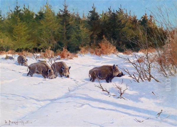 Wildschweine Im Winterwald Oil Painting by Dimitri Von Prokofiev