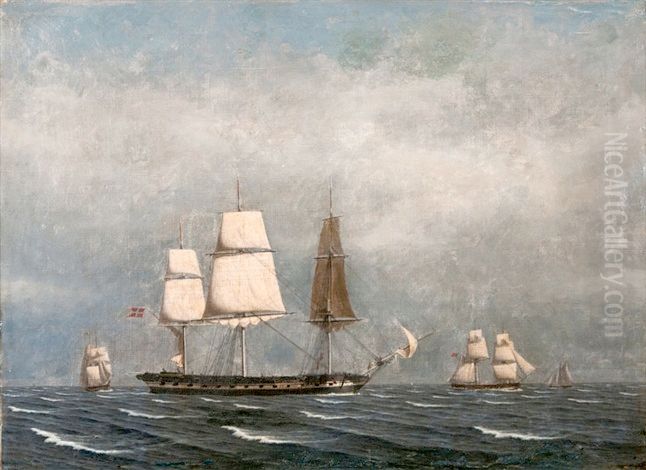 Danish Frigate Oil Painting by Julius Prommel