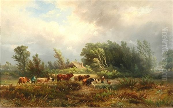 Sturmlandschaft Mit Bauern Und Ihrer Herde Auf Dem Heimweg Oil Painting by Albert Jurardus van Prooijen