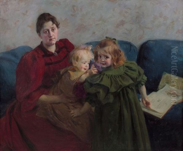 Portrait De Madame Meyer Et De Ses Enfants Oil Painting by Victor Prouve