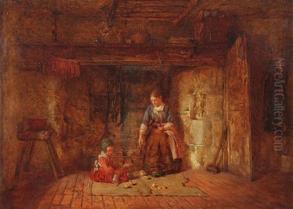 Junge Mutter Mit Spielendem Kind Und Kuken In Der Kuche Oil Painting by Alfred Provis