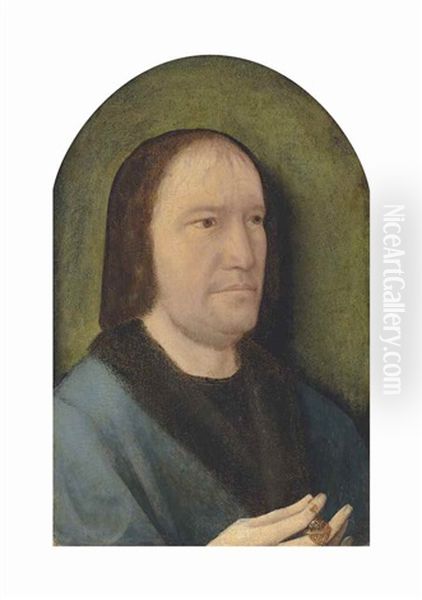 Portrait Of A Gentleman, Half-length, In A Blue Fur-lined Coat, A Rosary With A Pomander In His Right Hand Oil Painting by Jan Provoost