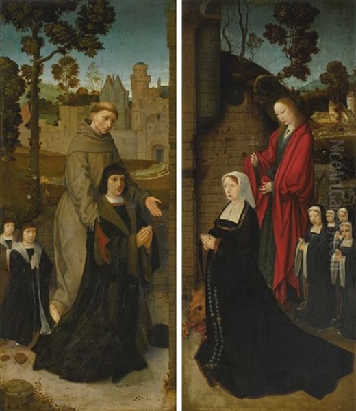 Two Double-sided Wings Of A Triptych Left Panel: Saint Francis With A Male Donor And Two Sons (verso); The Angel Of The Annunication En Grisaille (recto); Right Panel: Saint Margaret Of Antioch With A Female Donor And Four Daughters (verso); The Virgin An Oil Painting by Jan Provoost