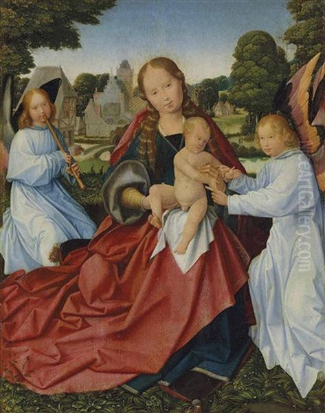 The Virgin And Child With Angels, In A Landscape Oil Painting by Jan Provoost