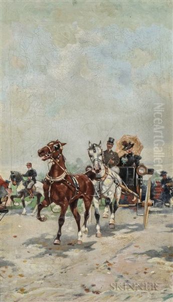 Horse-drawn Carriage Charging Forward Oil Painting by Gustav Prucha