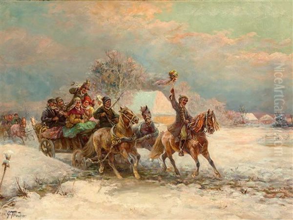 Hochzeitsgesellschaft Auf Einem Fuhrwerk In Winterlandschaft Oil Painting by Gustav Prucha