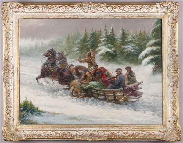 Pferdeschlittenfahrt Oil Painting by Gustav Prucha