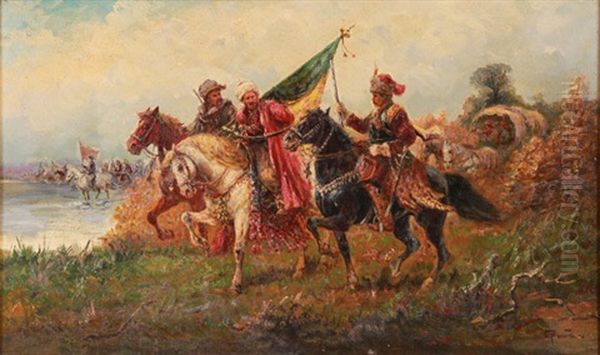 Assembly Of Horsemen On The Move Oil Painting by Gustav Prucha