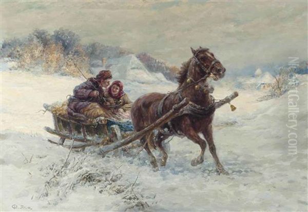 A Romantic Sleigh Ride Oil Painting by Gustav Prucha