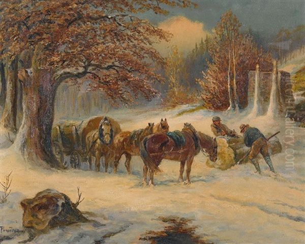 Winterlandschaft Mit Holzarbeitern Oil Painting by Gustav Prucha