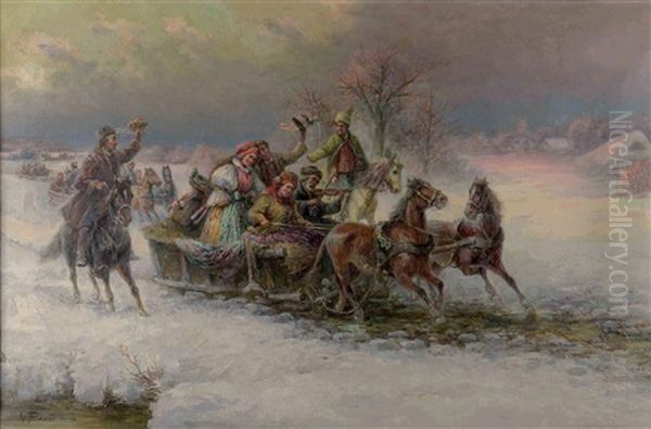 Sledge Ride Oil Painting by Gustav Prucha