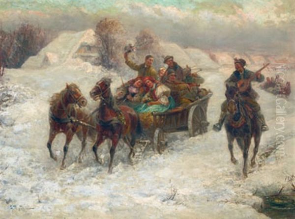 Winter Landscape With Figures In A Troika Oil Painting by Gustav Prucha